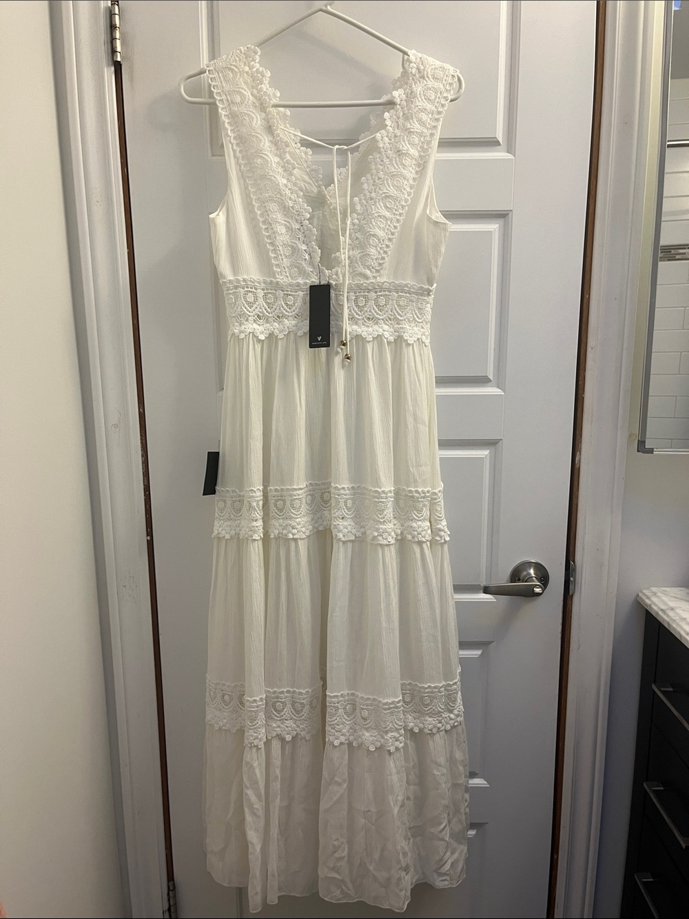 Lulus Spanish Sun White Sleeveless Tiered Lace Maxi Dress Size Medium - Picture 8 of 11